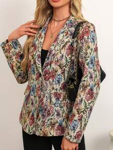 Women's Fashion All-Over Print Lapel Single-Breasted Mid-Length Casual Long Sleeve Blazer, Spring/Autumn