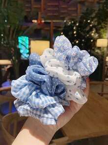 5 件蓝色花卉发圈，大号简约可爱甜美女孩波尔卡圆点发圈，高弹力马尾发圈，适合运动、旅行、马尾辫固定器、发圈、洗脸、发饰