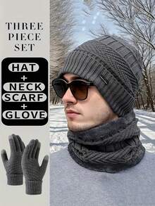 3pcs Men & Women Knitted Cashmere Beanie Hat, Soft Warm Scarf & Touch Screen Gloves, Warm Winter Gift Set Fall