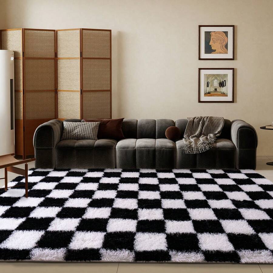5x7 Feet Checkered Area Rugs For Bedroom, Black And White Modern Shag Plaid Rug Washable Non-Slip Large Area Rug Super Soft Indoor Fuzzy Carpet Fluffy Rugs For Living Room Home Aesthetic Decor - 黑與白 - 查看 1