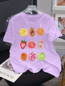 Maglietta casual da donna con spalle ample, scollo tondo e maniche corte, ideale per uso quotidiano