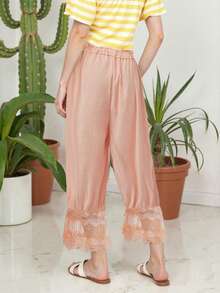 Women Lace Trim Bloomers Casual Elastic Mid Rise Ruffle Cropped Pants Loose Slips Trousers Comfort Bottoms - 香檳色 - 查看 6