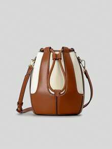 时尚拼接面料绗缝工艺缝制水桶包，抽绳开合设计单肩包，优雅女士钱包，商务通勤包，适合旅行购物，通勤上班。