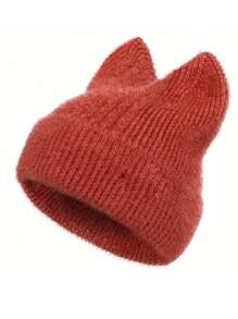 Gestrickte Mütze für Damen mit niedlichen Katzenohren, warmer Beanie, dehnbare Strickkomposition, lässige Outdoor-Mode, einfarbig, Polyester, Herbst/Winter
