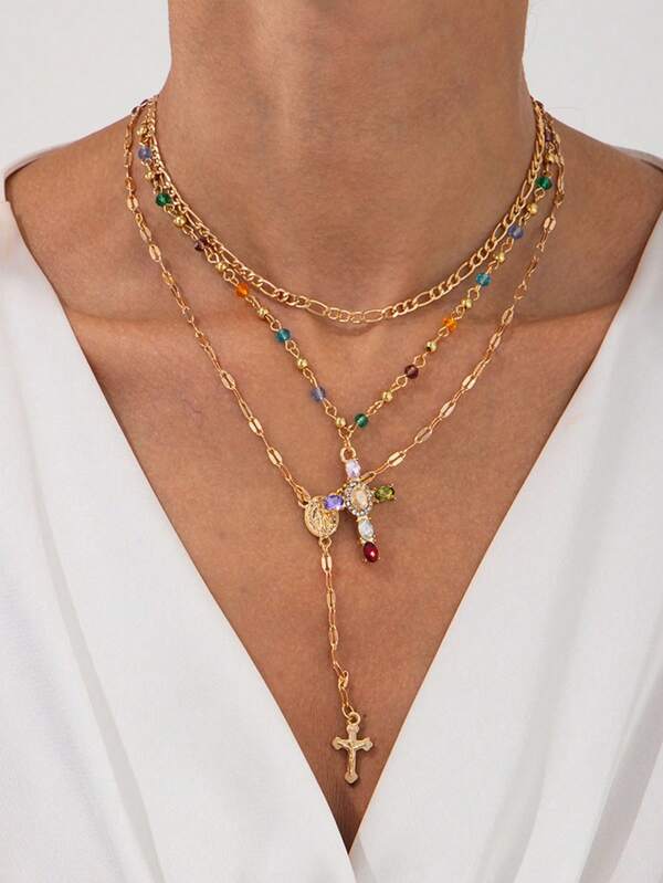 3pcs/Set Women's Stacked Rhinestone Colorful Boho Style Necklace Set, Includes Rhinestone Cross Pendant Necklace And Colorful Crystal Chain Choker Necklace