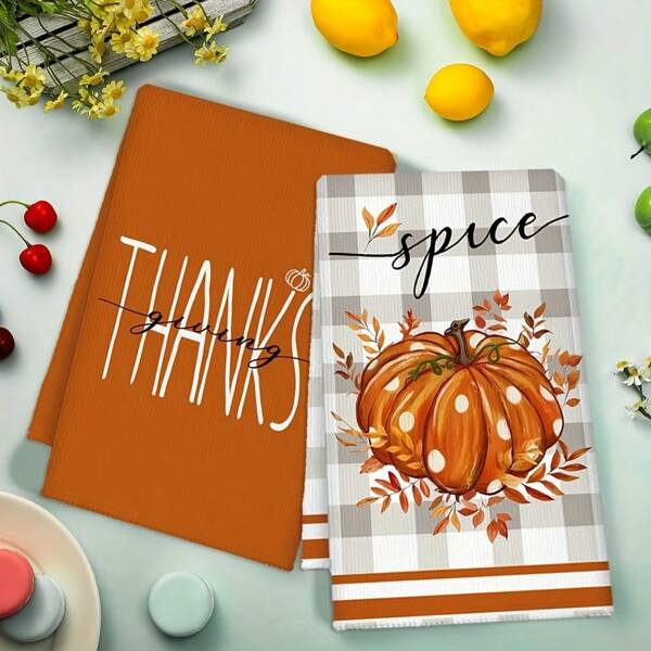 2 piezas Toallas de cocina de cosecha de otoño, toallas con patrón a cuadros búfalo y "Gracias" con calabaza, decoración de temporada de otoño, estilo rústico, decoración de Acción de Gracias, paños de limpieza de microfibra súper suaves