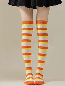 1 Pair Women Over Knee Socks, Cosplay Anime Character Uniform, Japanese Style Striped & Solid Thigh-High Stockings
