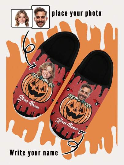 Papuci de casă personalizați de Halloween cu fotografie și nume. Papuci de interior personalizați cu dovleac. Pantofi de pluș confortabili și calzi pentru uz casnic, cadou amuzant de Halloween pentru mamă/tată/ea/el/prietena/iubitul/soția/soțul/prietenul, încălțăminte unică pentru decor de Halloween.