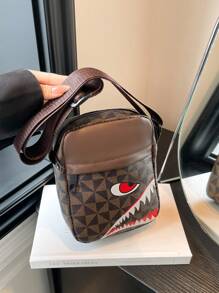 格纹休闲单肩斜挎包，男女通用时尚运动斜挎包个性方形手提包，男女通用商务包竖款鲨鱼嘴设计女包