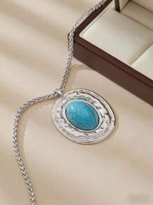 1 件蛇皮链金属椭圆形仿绿松石吊坠项链珠宝配饰 - 适合女性日常佩戴 - 銀色+綠松石 - 查看 5
