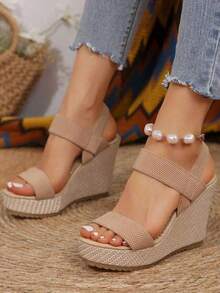 Women's Wedge Heel Platform Sandals, Plus Size, Cross-Border, Espadrille Waterproof Platform, Fashionable Slip-On High Heel Sandals With Chunky Sole - 卡其色 - 查看 2