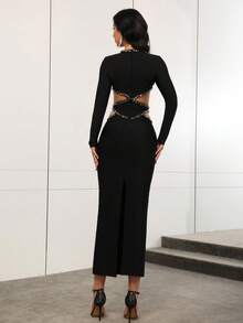 Love Aing Elegantes, handgefertigtes Maxikleid mit Strass-Verzierung, Hohlmuster und Bandage-Passform, sexy für Hochzeitsgäste, Partys, Dates