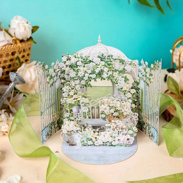 1 pièce Carte de vœux 3D avec rose blanche et lys - Design floral 3D, scène de jardin de printemps, papier de haute qualité - Convient pour mariage, anniversaire, rétablissement - Cadeau réfléchi pour mère, enseignant, grand-mère, motif paysage, artisanat délicat, vœux d'anniversaire, occasions spéciales