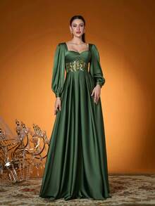 Mgiacy,New Arrival,V-Neck,Elegant,Ball Dress,Ruffle,Sequin,Perspective,Lantern Sleeve,FOR,Prom Wedding,Graduation,Wedding Guest,Party Dress,Wedding Guest Dress, Evening Dress,Green Dress For Women