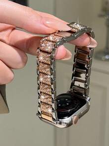 1条兼容苹果手表的表带，男女通用，锌合金材质，银色和玫瑰金双色金属表带，闪亮水钻复古表带，兼容苹果手表38/40/41/42/44/45/46/49毫米，休闲商务佩戴皆宜，兼容苹果手表Ultra/SE/10/9/8/7/6/5/4/3/2/1，配件 - 銀色間玫 - 查看 7