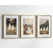 3 件套墙面艺术海报（可选框架）鬼魂墙面艺术，秋季恐怖万圣节 3 件套印刷品，秋季乡村风景画，鬼魂万圣节装饰，可打印