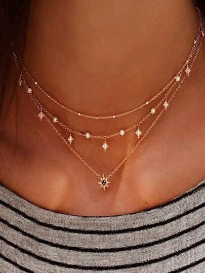 1 件时尚奢华简约水钻星形拼接多层项链，百搭颈链，适合女性日常佩戴和重要晚间场合，礼物