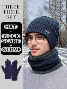 3pcs Men & Women Knitted Cashmere Beanie Hat, Soft Warm Scarf & Touch Screen Gloves, Warm Winter Gift Set Fall