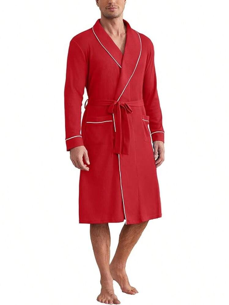 Mens Robes Lightweight Waffle Knit Kimono Bathrobe Long Sleeve Sleepwear Soft Knee Length Robe With Pockets S-3XLhalloween - 紅色 - 查看 1