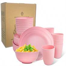 4/16/32 piezas Juego de vajilla de plástico PP rosa estilo nórdico, irrompible y reutilizable con caja - Incluye platos, tazones, vasos de plástico - Ideal para cocina, campamento al aire libre, picnic, reunión familiar, autocaravana, graduación, cumpleaños, despedida de soltera, regalo de boda, dormitorio universitario - Halloween, Navidad