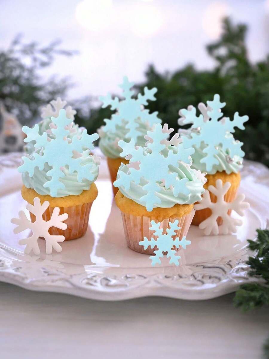 50Pcs Edible Snowflakes Blue Cupcake Cake Toppers Decoration For Christmas Winter Frozen Theme Party Supplies