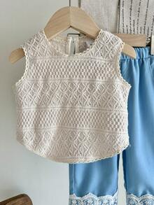 2pcs/Set Baby Girl Knitted Vest And Lace Trim Wide Leg Pants, Cute & Elegant Style - Apricot - View 7