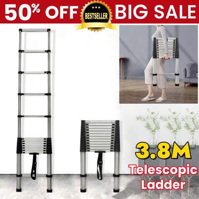 AutoFu 12.5ft/3.8m Heavy Duty Telescopic Ladder Multi-Purpose Folding Extendable Ladder, Collapsible Ladder With Non-Slip Feet - 330 Lbs Capacity, EN131 Certificated