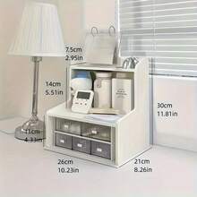 Estante de almacenamiento de escritorio moderno de dos niveles con elevación de altura: organizador de suministros de oficina y cosméticos que ahorra espacio, disponible en dos tamaños, de PVC, con diseño personalizado, capacidad máxima de carga de 3 kg por nivel, organizador de espacio de trabajo | Soluciones de almacenamiento con estilo | Estante de PVC resistente - Blanco/Pequeño - Ver 1