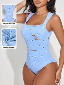 Women's Bodysuits Sexy Ribbed Strappy Square Neck Sleeveless Tummy Control Tank Tops Bodysuits