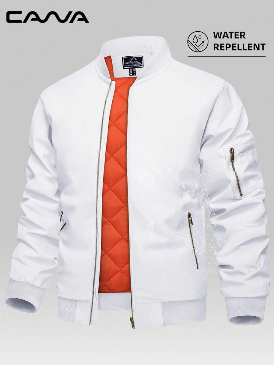 Cavva Men's Bomber Jacket Waterproof Windproof Lightweight Multi-Pockets Casual Warm Zip Up Casual Fall Winter Coats With Zipper Pockets Hiking Camping Working,Fleece - White - View 1