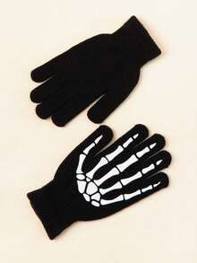 1 Pair Punk Gloves Unisex Halloween Skeleton Skull Half Finger Gloves Glow In The Dark Fingerless Stretch Knitted Mittens - Black and White - View 9