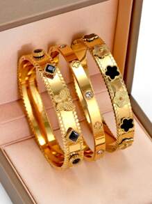 1 pieza Brazalete de acero inoxidable dorado con piedras artificiales para mujeres, no se mancha, ovalado, chapado en oro de 18 quilates, con flores de circonita cúbica artificial, joyería de diseñador, regalo para adolescentes chicas en San Valentín
