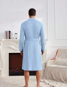 Mens Robes Lightweight Waffle Knit Kimono Bathrobe Long Sleeve Sleepwear Soft Knee Length Robe With Pockets S-3XLhalloween - Clear Blue - View 4