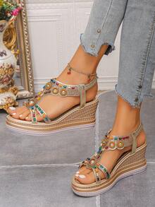 Giày sandal đế xuồng phong cách Bohemian dành cho nữ, giày cao gót đế dày mùa hè mới 2025, giày sandal đế xuồng đế dày kiểu La Mã - Vàng - Xem 3
