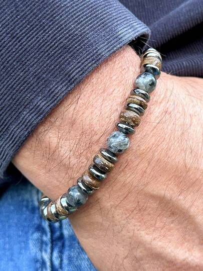YAUKIA Vintage Herren Armband aus Naturstein, schwarzer Labradorit Hämatit, Symbol für Stärke und Stabilität, kann auch als ätherisches Öl Diffusor verwendet werden, Schmuck für Herren Schutz Mut Armband Geschenk, perfektes Geschenk zum Vatertag