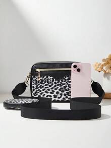1 pieza Bolso pequeño para niñas con patrón de olas y letras en relieve, billetera para teléfono y monedero - Leopardo blanco y negro - Ver 5