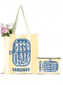1PC Women's Reusable Tote Bag, Handbag And Cosmetic Bag Set - Colorful Minimalist Pink And Green Striped Sardines Can Print Polyester Shopping Bag, Fixed Shoulder Strap Design, Suitable For Beach, Picnic, Grocery And Food Storage, Foldable Tote Bag, Multi-Function, Multi-Purpose, Large Capacity, - Multicolor - View 8