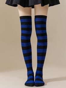 1 Pair Women Over Knee Socks, Cosplay Anime Character Uniform, Japanese Style Striped & Solid Thigh-High Stockings