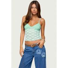 Women Crop Floral Lace Camisole Summer Backless Spaghetti Strap Tank Tops Sleeveless T-Shirt For Streetwear Clubwear - 綠色 - 查看 2