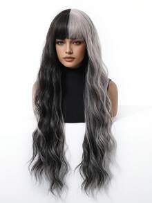 26英寸女士黑白波浪卷发假发，带刘海，自然柔软渐变卷发，适合日常佩戴、派对、角色扮演等场合。 - 黑與白 - 查看 4