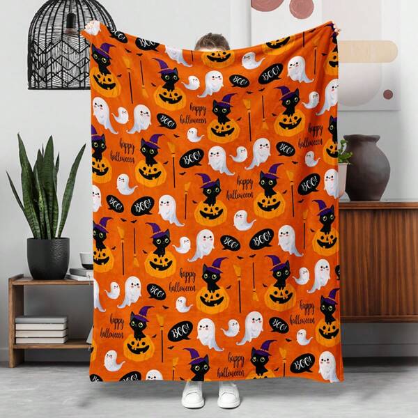 1pc Halloween Witch, Ghost, Pumpkin Theme Flannel Blanket, Suitable For Halloween Gift Blanket, For Sofa, Living Room Nap, Outdoor Camping, Travel Throw Blanket, Soft & Comfortable