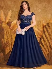 加大码深V领透视亮片拼接蕾丝撞色雪纺长裙，适合舞会、正式派对、新年、婚礼宾客、返校节、生日、毕业典礼、晚宴、正式活动、仪式等场合。 - 藏蓝色 - 查看 7