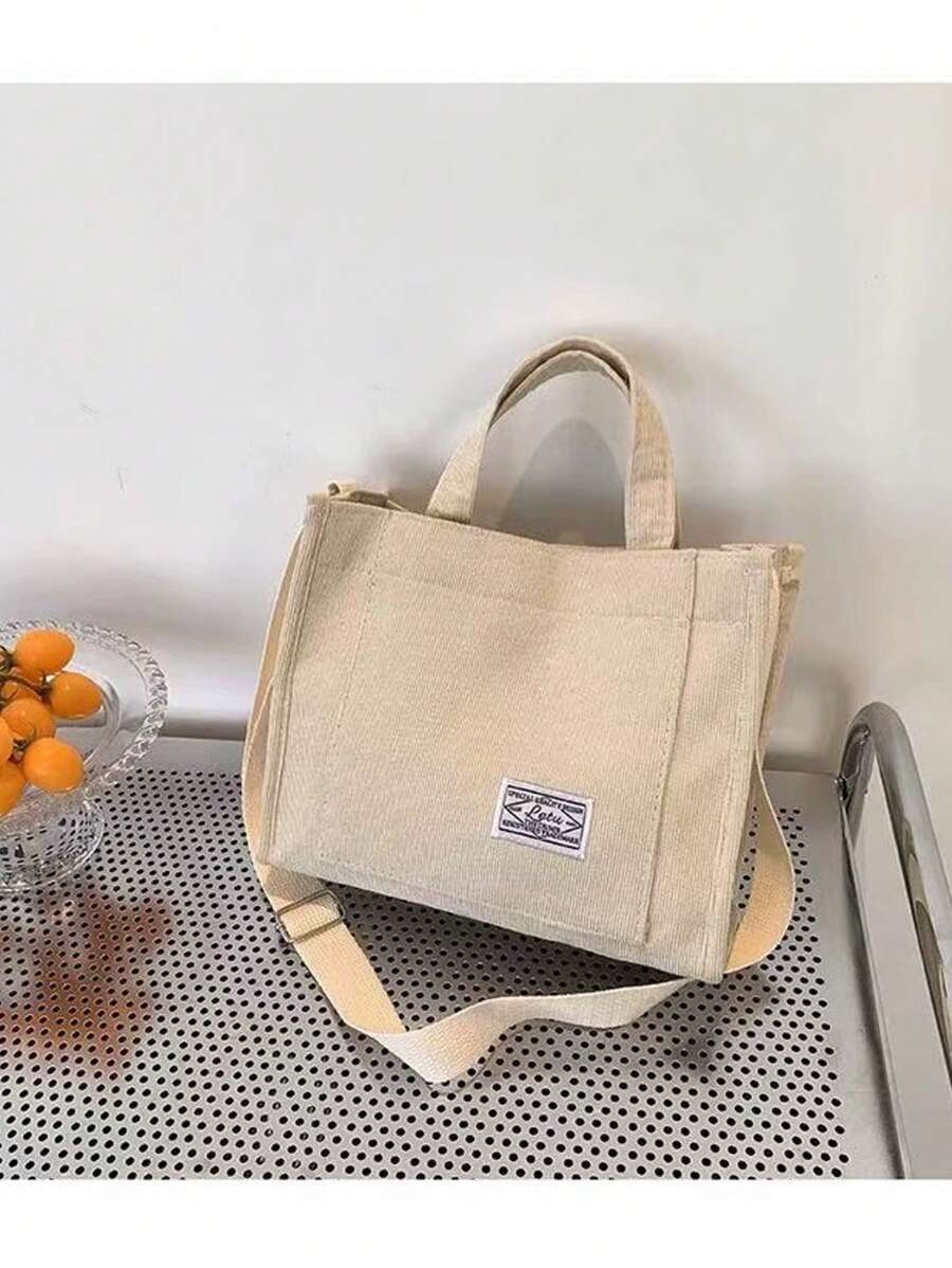 大容量帆布包女单肩斜跨文艺简约韩版条纹绒布手提包原创宿舍风学生辅导包 - 米色 - 查看 1