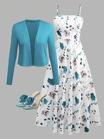 Conjunto de vestido de tirantes con estampado de leopardo elegante, cinturón de cintura y cárdigan de punto para mujer