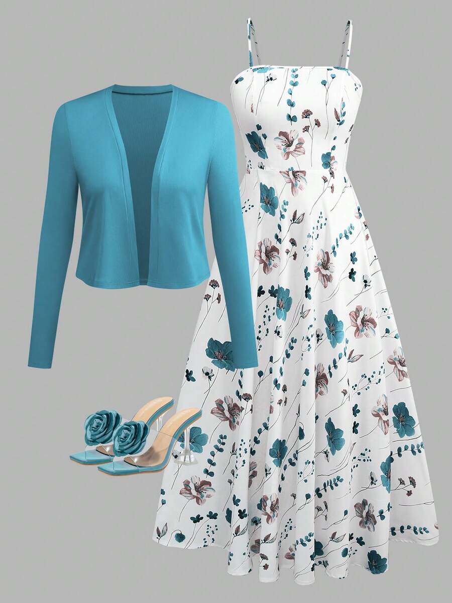 Bộ đồ nữ thanh lịch họa tiết da báo gồm áo hai dây, áo corset và áo khoác len, thích hợp cho mùa xuân. - Màu xanh ngọc - Xem 1