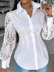 Plus Women's Elegant Lace Hollow Sleeve Collar Shirt - 白色 - 查看 1