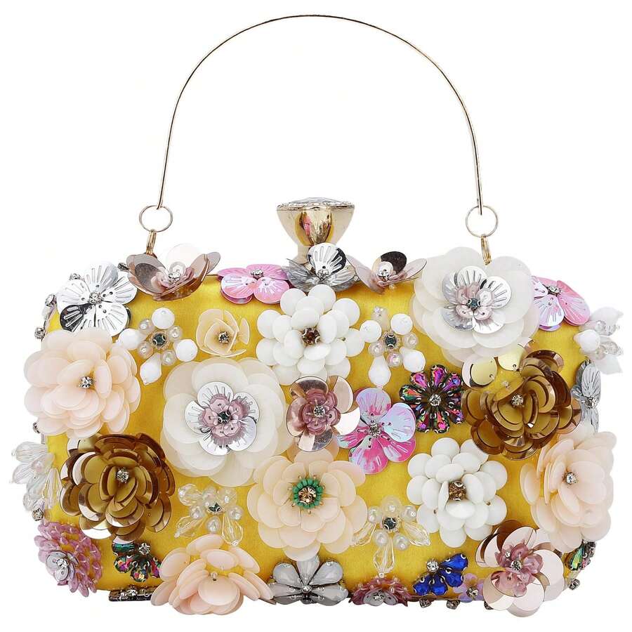 Gets Women's Floral Evening Clutch Bag - Colorful Floral Clutch Bag With Metallic Rhinestones, Use Dinner Party Party Wedding Season Halloween Gift Etc. - 黃色 - 查看 1