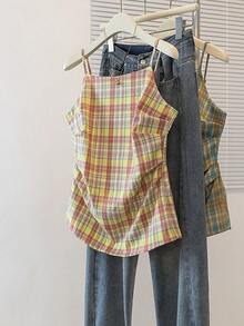 YUXIN 夏季新款复古优雅撞色格子无袖背心女款，设计褶皱收腰镂空后背短款吊带背心