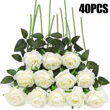 40支仿真玫瑰花束，丝绸假花，逼真长茎玫瑰，适用于婚礼装饰、新娘送礼会中心摆件、插花、派对家居餐桌装饰、生日、周年纪念、节日装饰 - 白色 - 查看 14