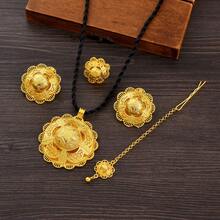 4pcs/Set Luxury Jewelry Set, Saudi Arabian Style, Golden Color, Flower Shaped Pendant, Ring, Earrings, Headchain, Star Pattern, Traditional African Bride Wedding Accessories Gift - A - View 6